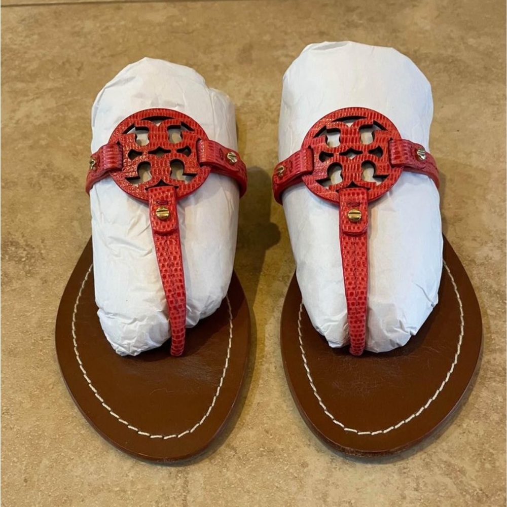 Tory Burch Women’s Mini Miller Sandals-Red Gabriel Croc Embossed